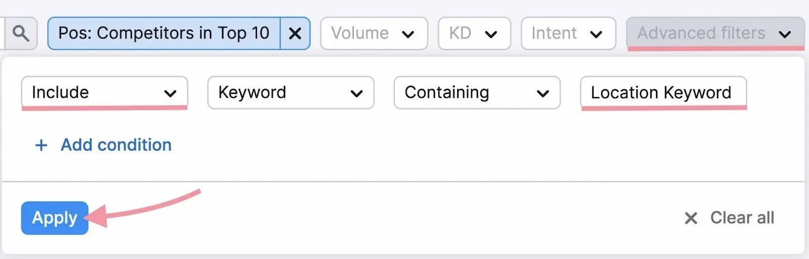 Advanced filter set to include keywords containing a location keyword.