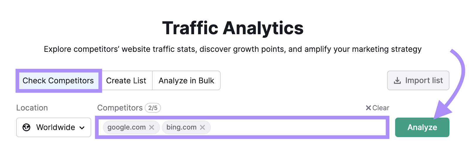 "google.com," and "sr03.toolsmoji.pk/__blocked-external" entered into Traffic Analytics search bar