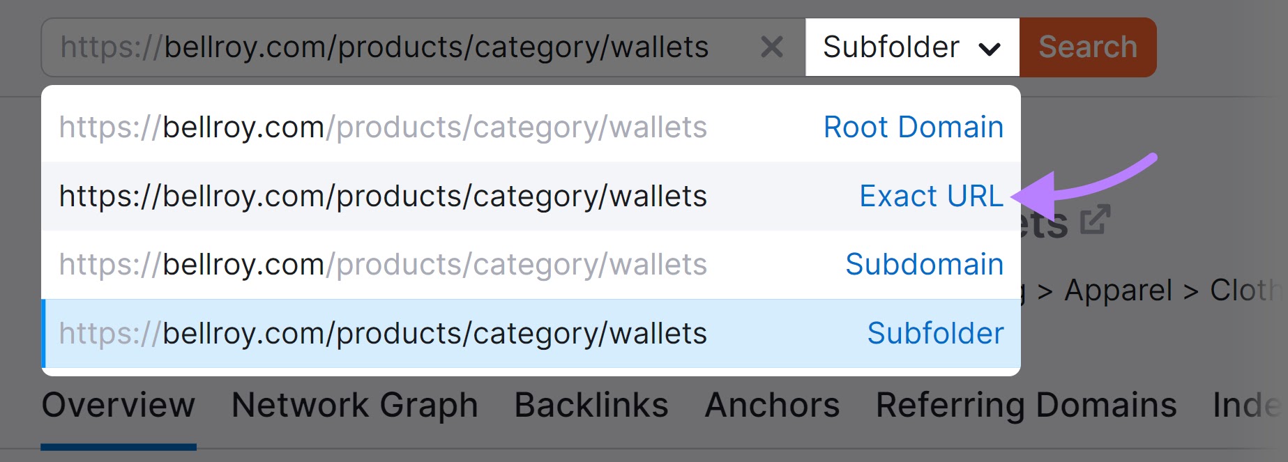 Backlinks dropdown menu