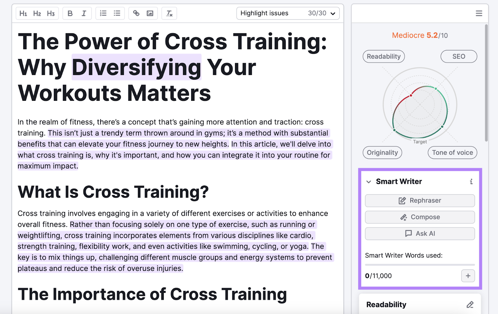 Smart Writer add-on on the right side of the page in SEO Writing Assistant tool