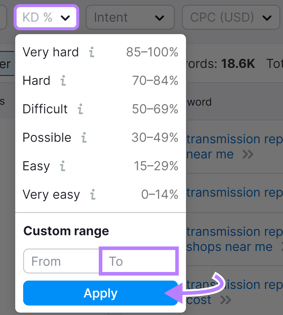 "KD%" filter drop-down menu in Keyword Magic Tool