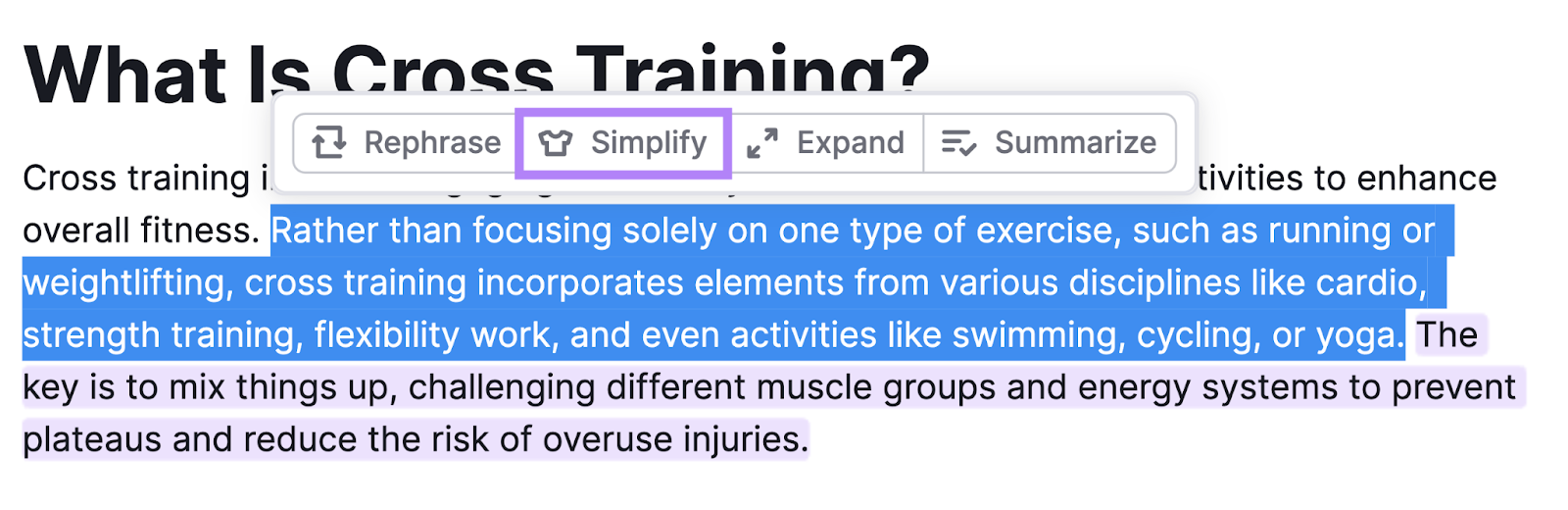"Simplify" button highlighted above the selected text