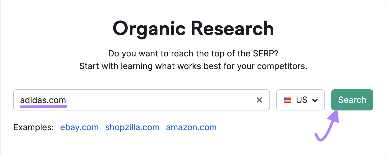 "adidas.com" entered into Organic Rankings tool search bar