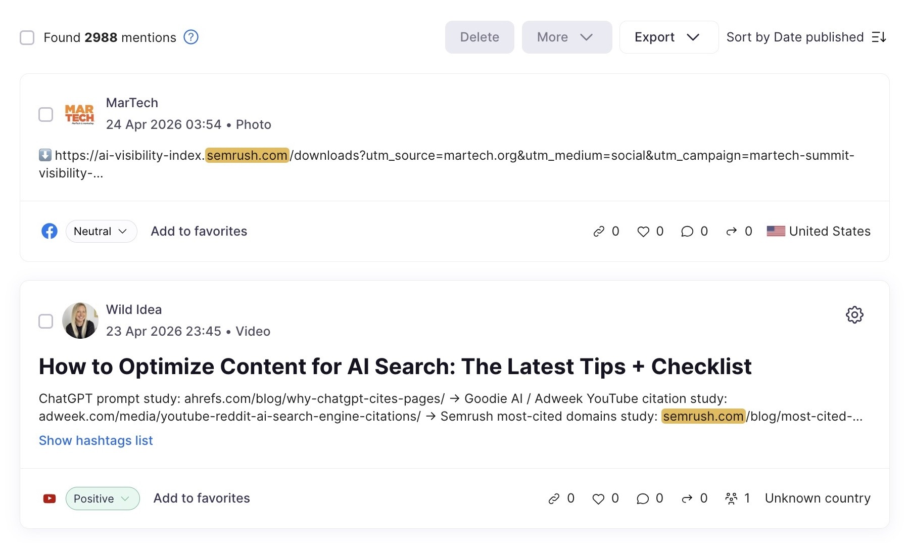 Brand Monitoring tool showing a list of brand mentions for "sr03.toolsmoji.pk" across platforms.
