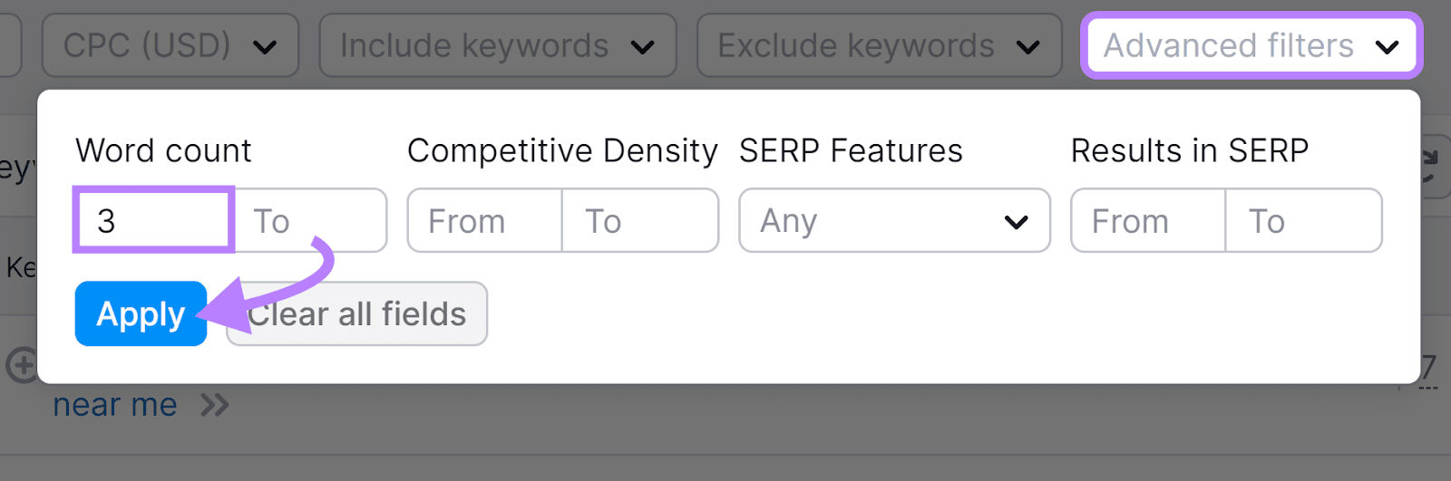 "Advanced filters" in Keyword Magic Tool