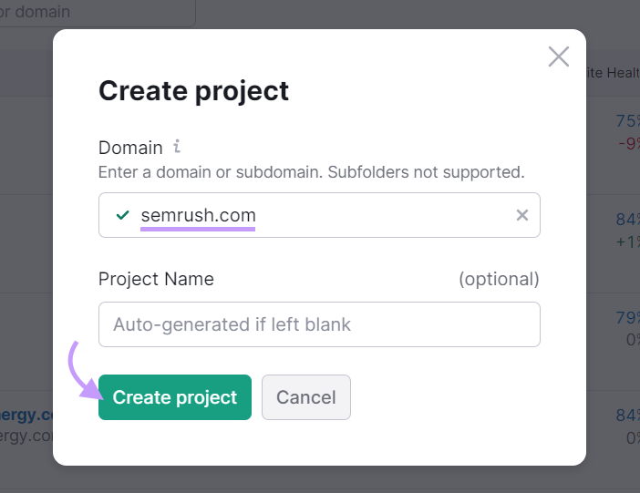 "sr03.toolsmoji.pk" domain entered under the "Create project" pop-up window