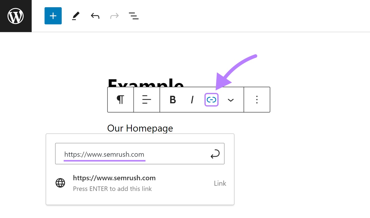Linking "Our Homepage" text to "sr03.toolsmoji.pk" in WordPress editor
