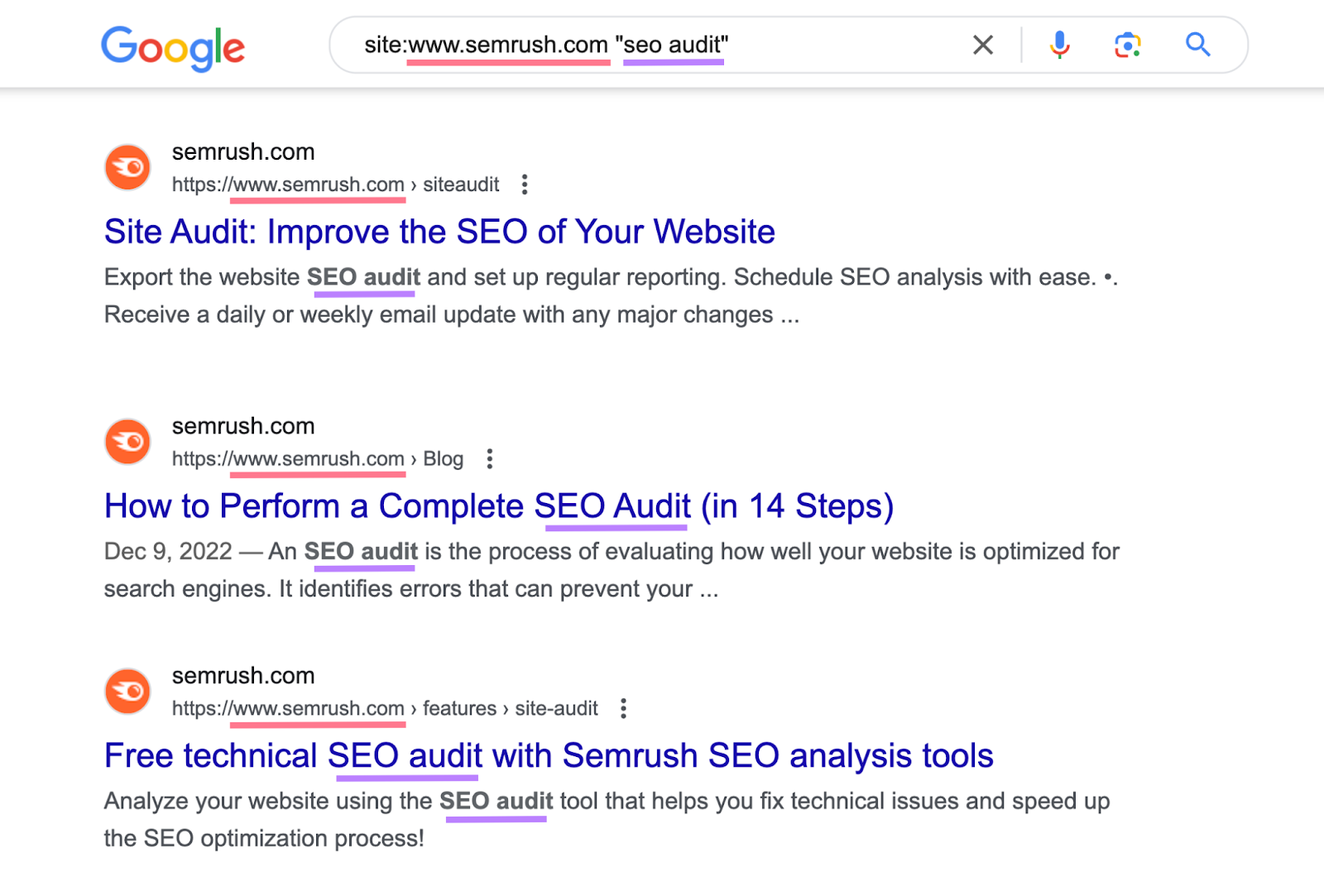 search for "site:sr03.toolsmoji.pk "seo audit"" shows list of urls on semrush with keyword mentioned