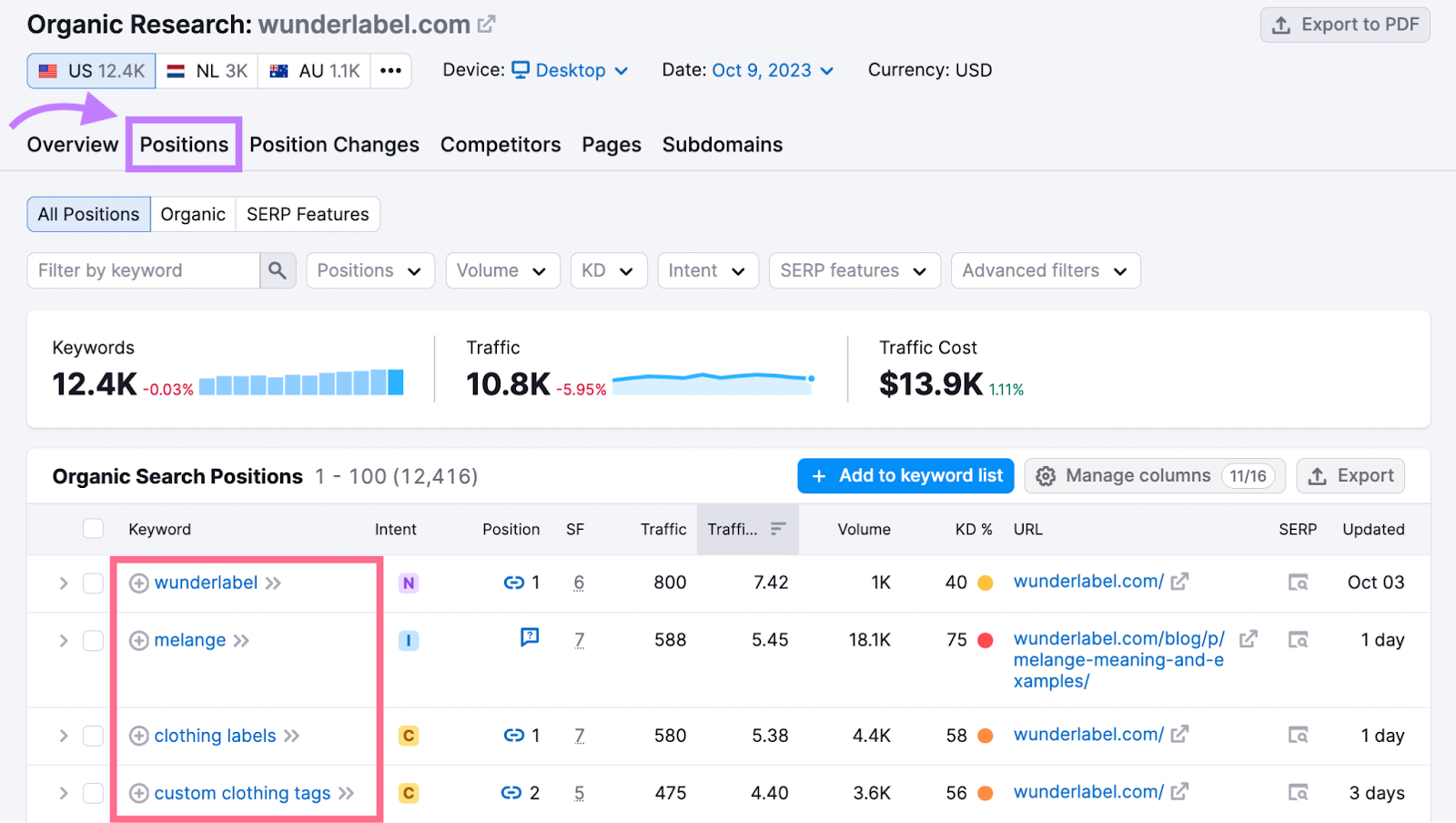 "Positions" report in Organic Rankings tool