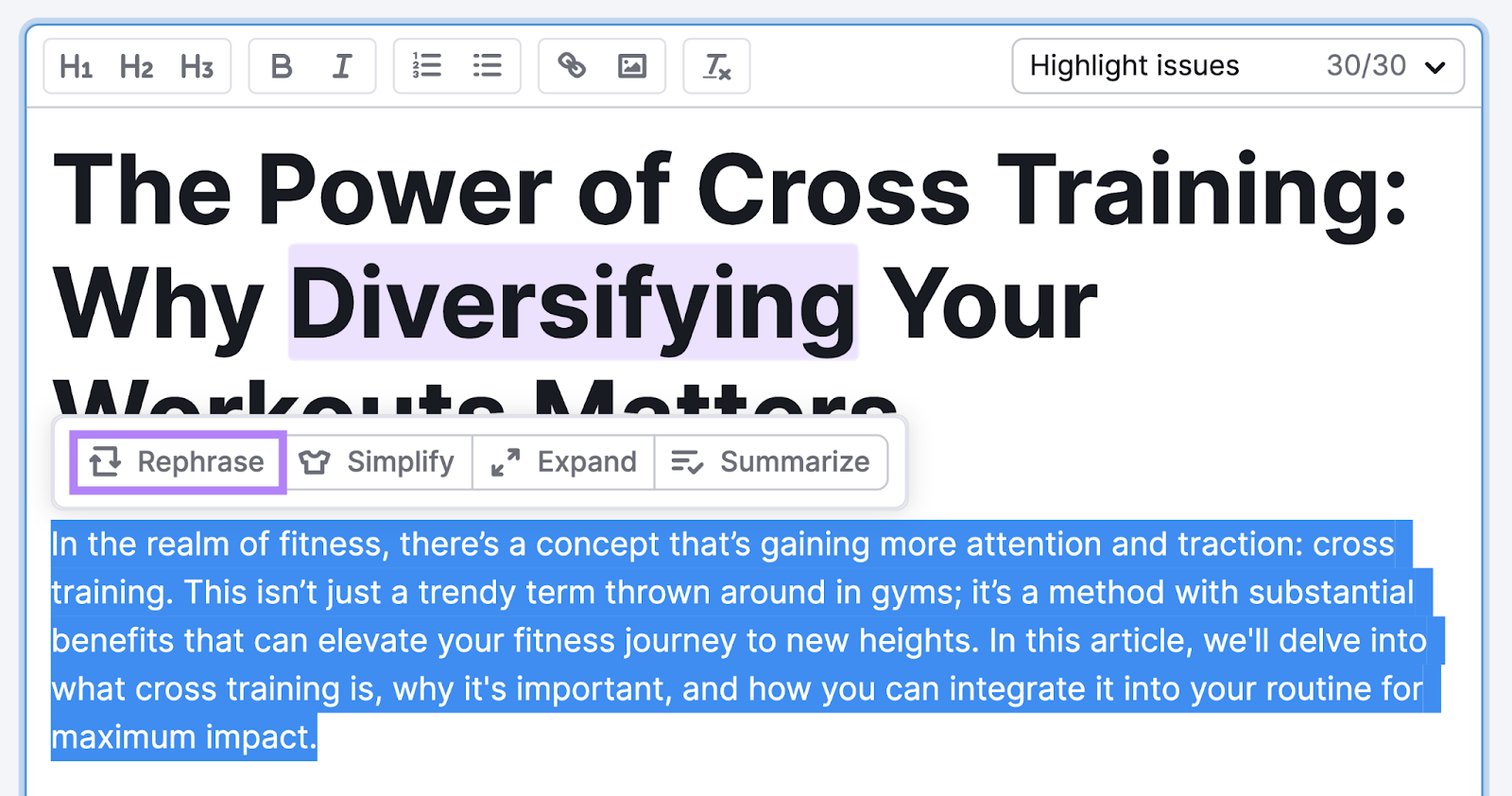 "Rephrase" button in SEO Writing Assistant tool