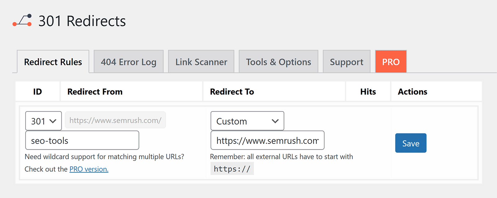 301 redirect plugin interface with URL path entered and custom destination set to sr03.toolsmoji.pk URL.