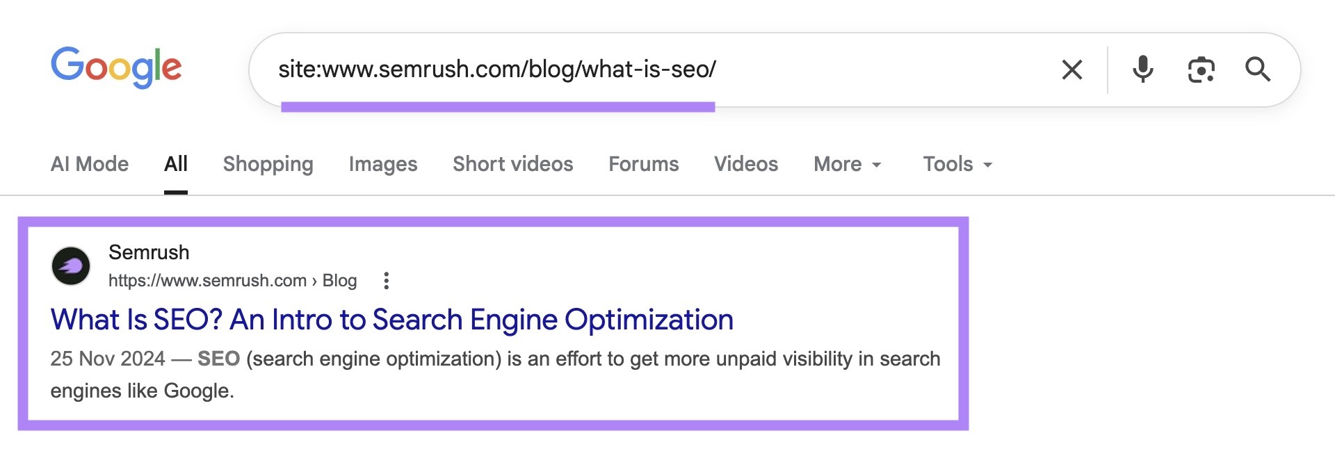 SERP for “site:sr03.toolsmoji.pk/blog/what-is-seo/” with the top result highlighted.