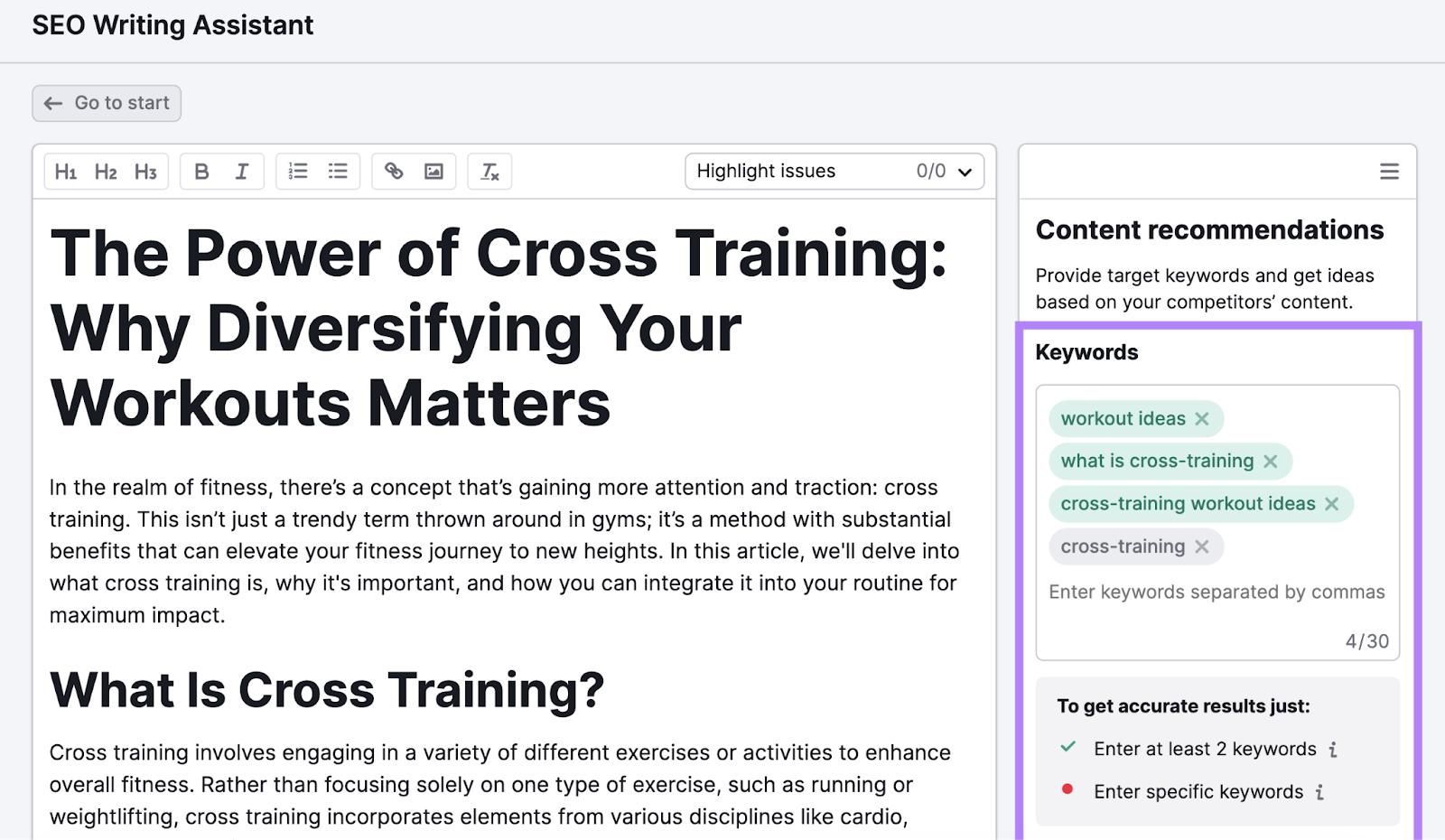 An article pasted into the SEO Writing Assistant, and keywords added
