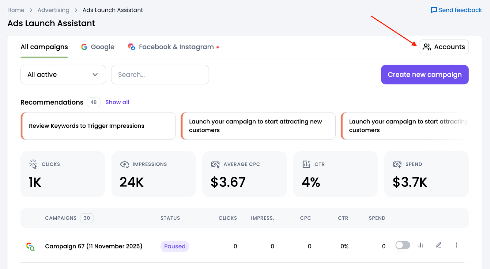 Accounts button in Ads Launch Assistant.